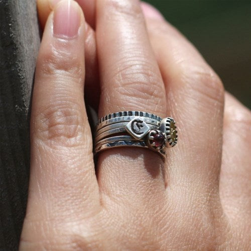 RS-134 Stacking ring with 2 different initials and 1 gemstone, initial ring, thin silver ring, name ring, word ring, custom ring, personalized ring, cute ring