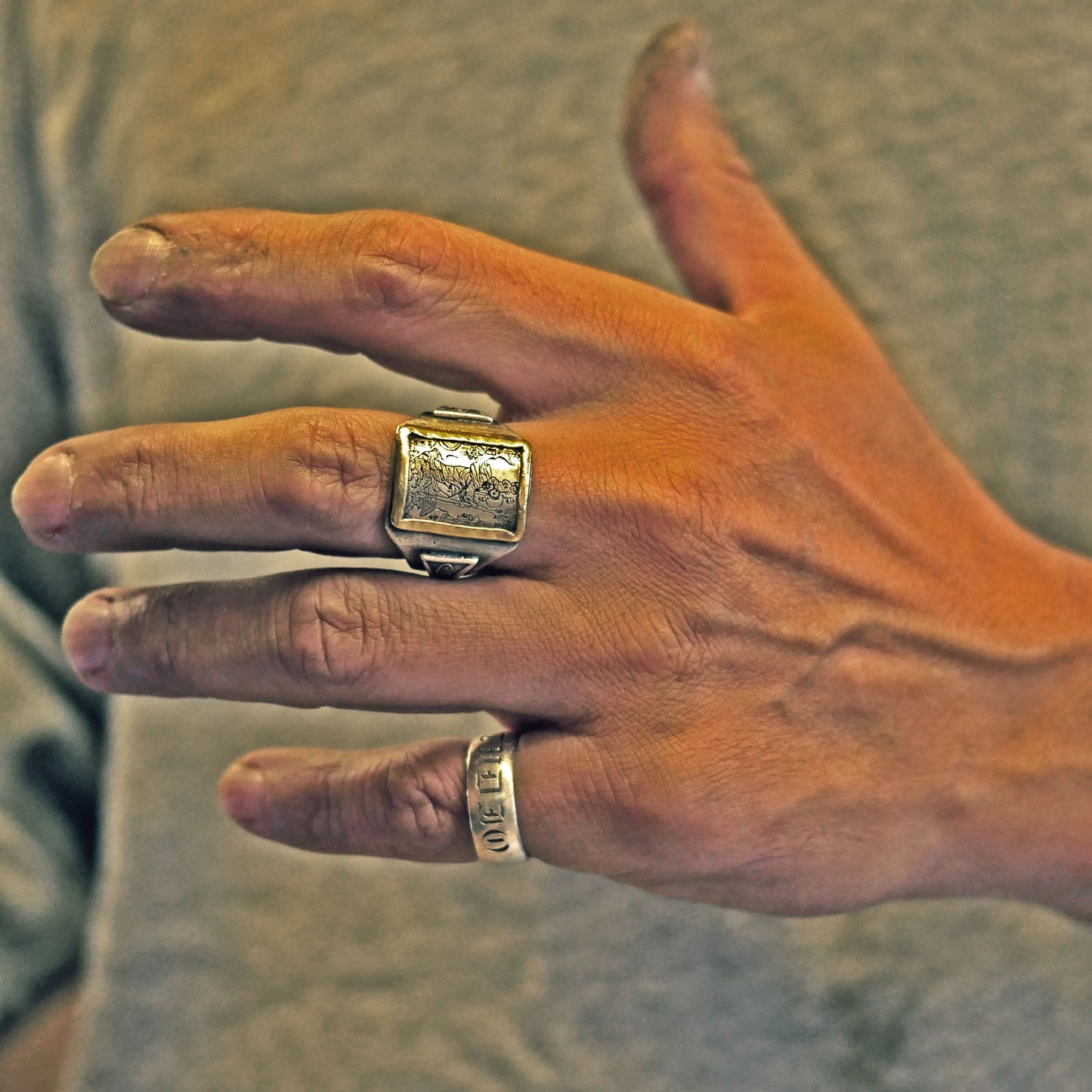 RS-188 Medieval woodcut inspired St. Christopher engraved vintage style silver ring