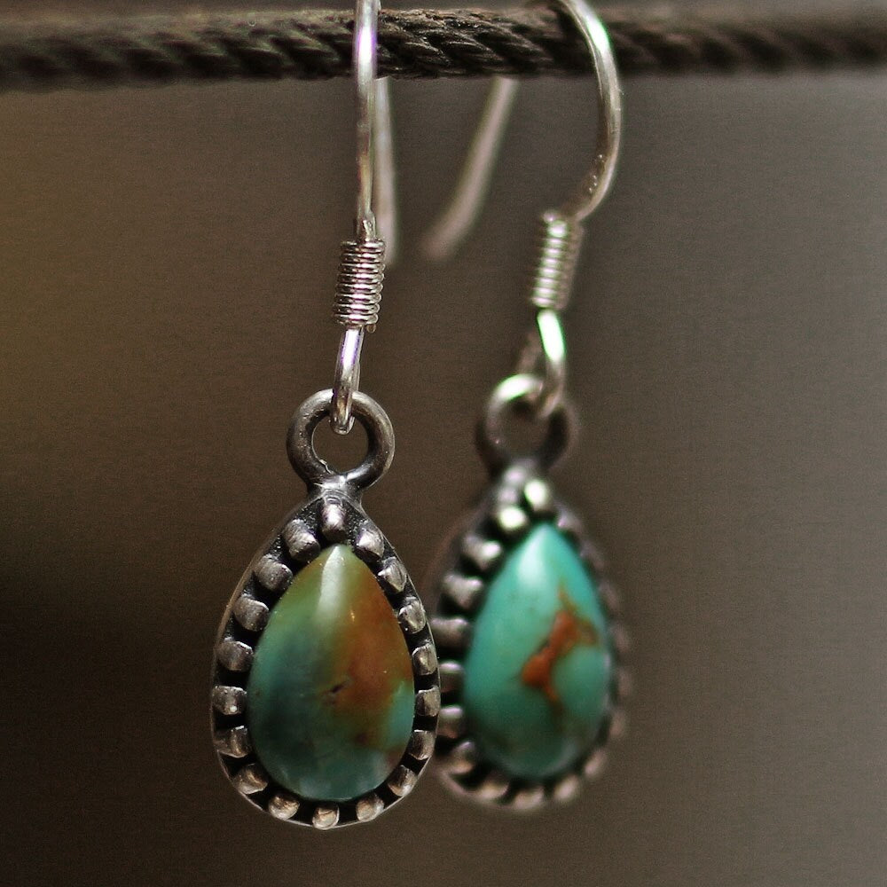 ES-107 Teardrop shaped turquoise earring, stone earring, silver earring, cute earring, native american earring