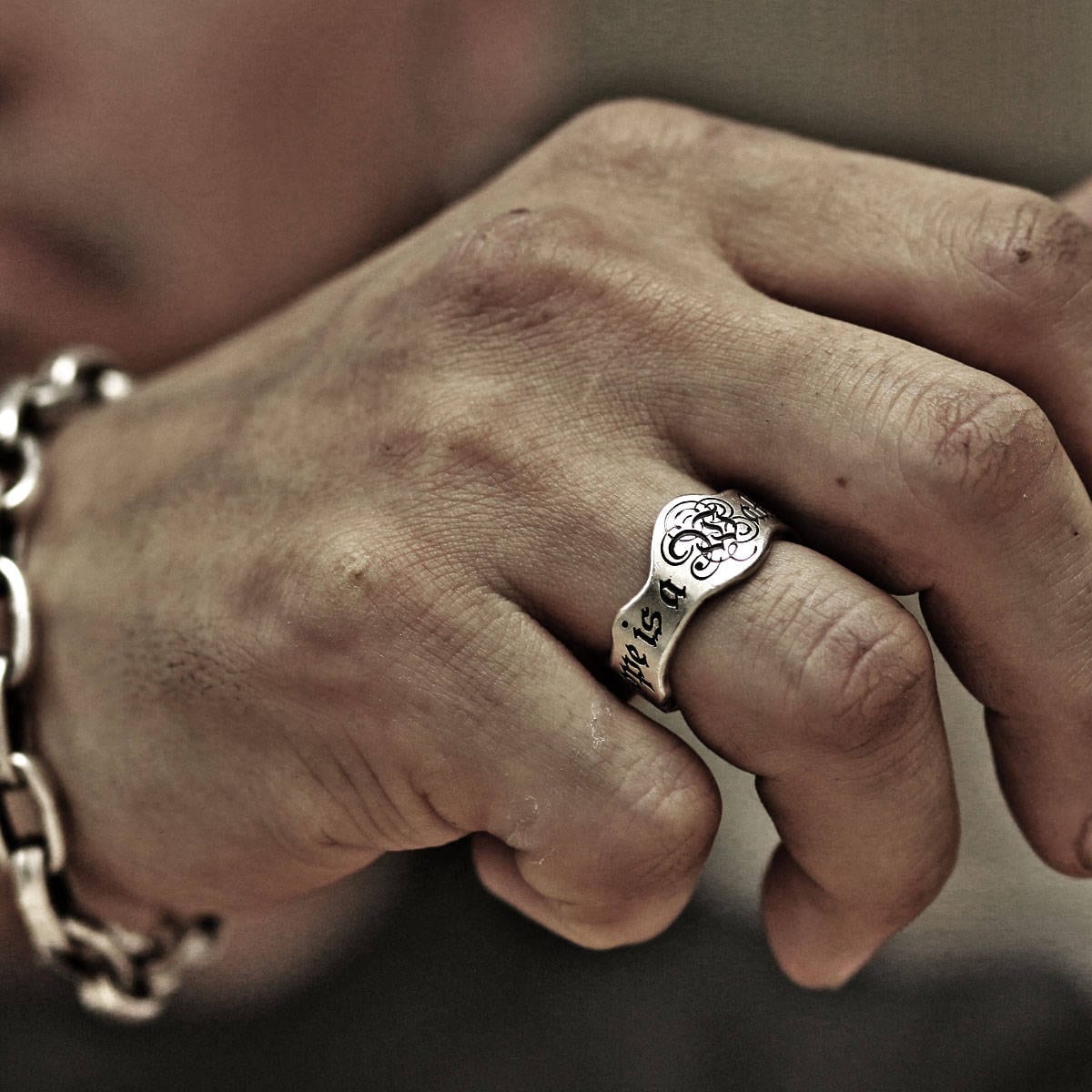 RS-146 Font face silhouette contour word ring, initial ring, name ring, mans ring, vintage ring, silver ring, engraved ring, personalized ring, custom ring, medieval ring