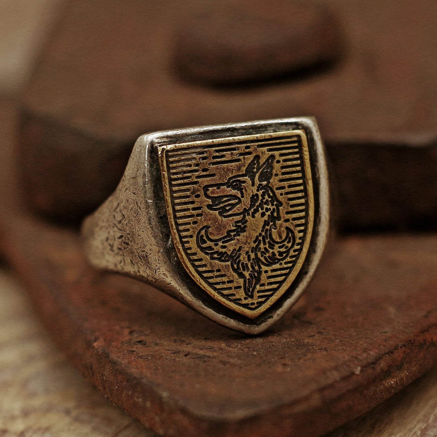 RS-160 Medieval woodcut inspired wolf ring, vintage ring, carved ring, manly ring, mans ring, crest ring, signet ring, wolf ring, rustic ring, Chevalier ring