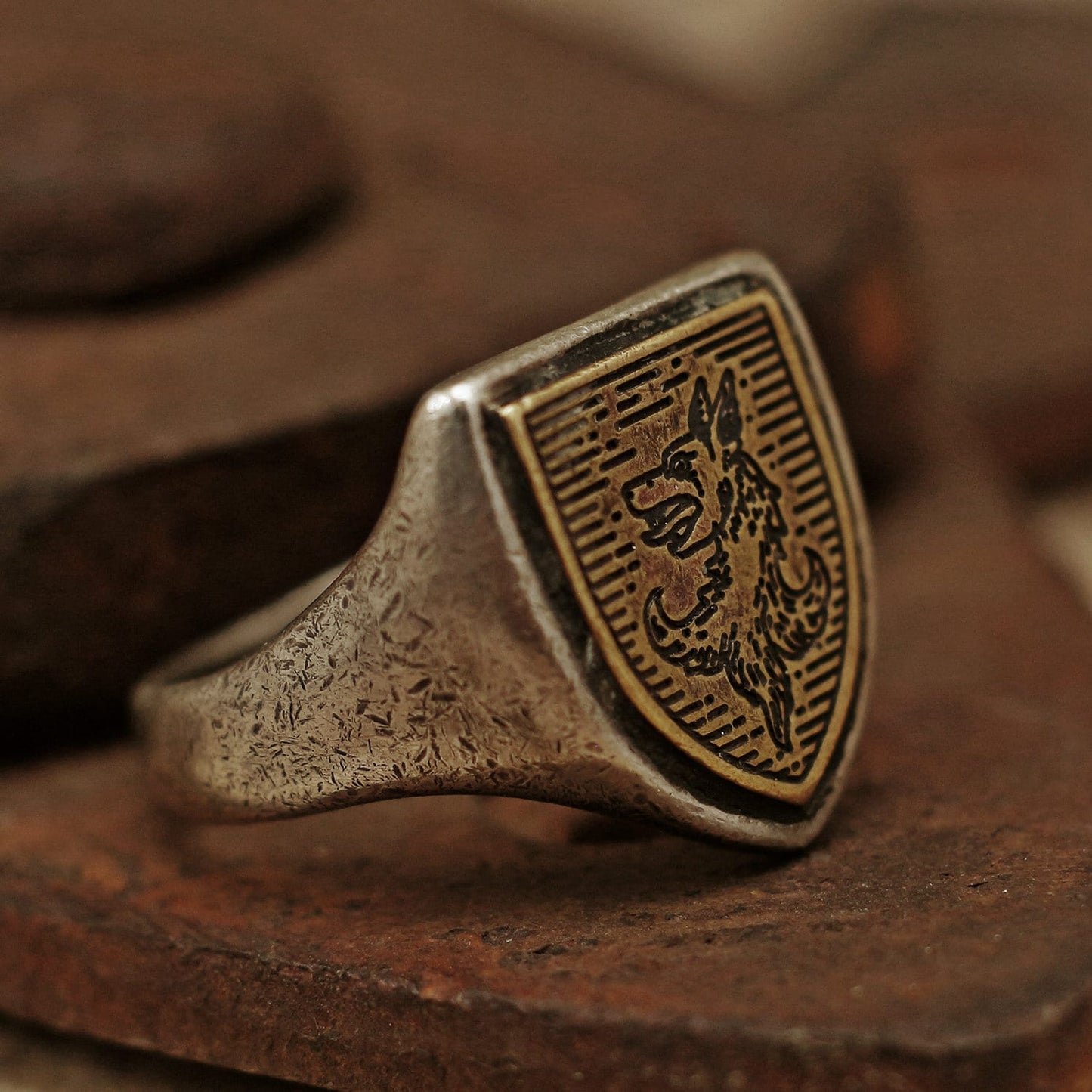 RS-160 Medieval woodcut inspired wolf ring, vintage ring, carved ring, manly ring, mans ring, crest ring, signet ring, wolf ring, rustic ring, Chevalier ring