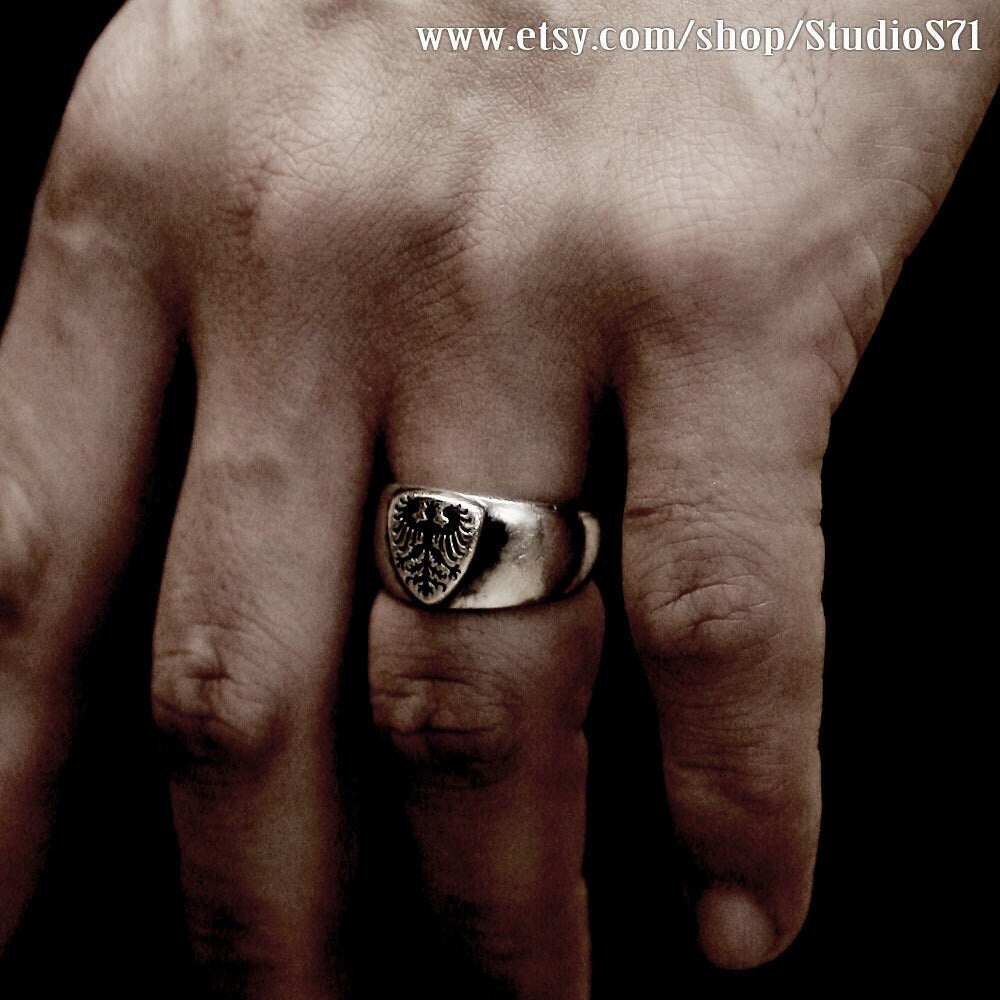 RS-112 European Virgin shield engraved vintage style silver ring, rustic ring, insignia ring, menly ring, men ring