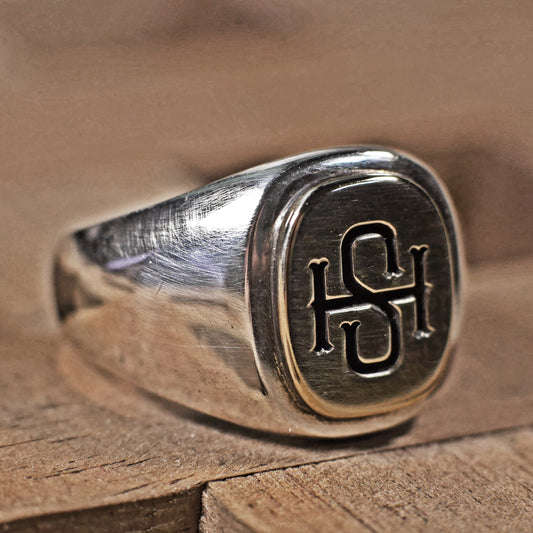 Semi polished brass face simple monogram silver ring