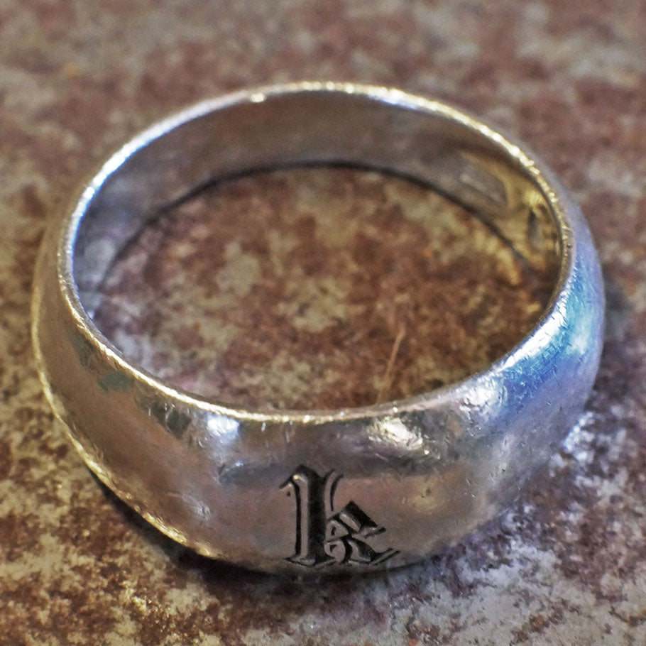 RS-191 Embossed Black font single initial engraved rustic silver ring