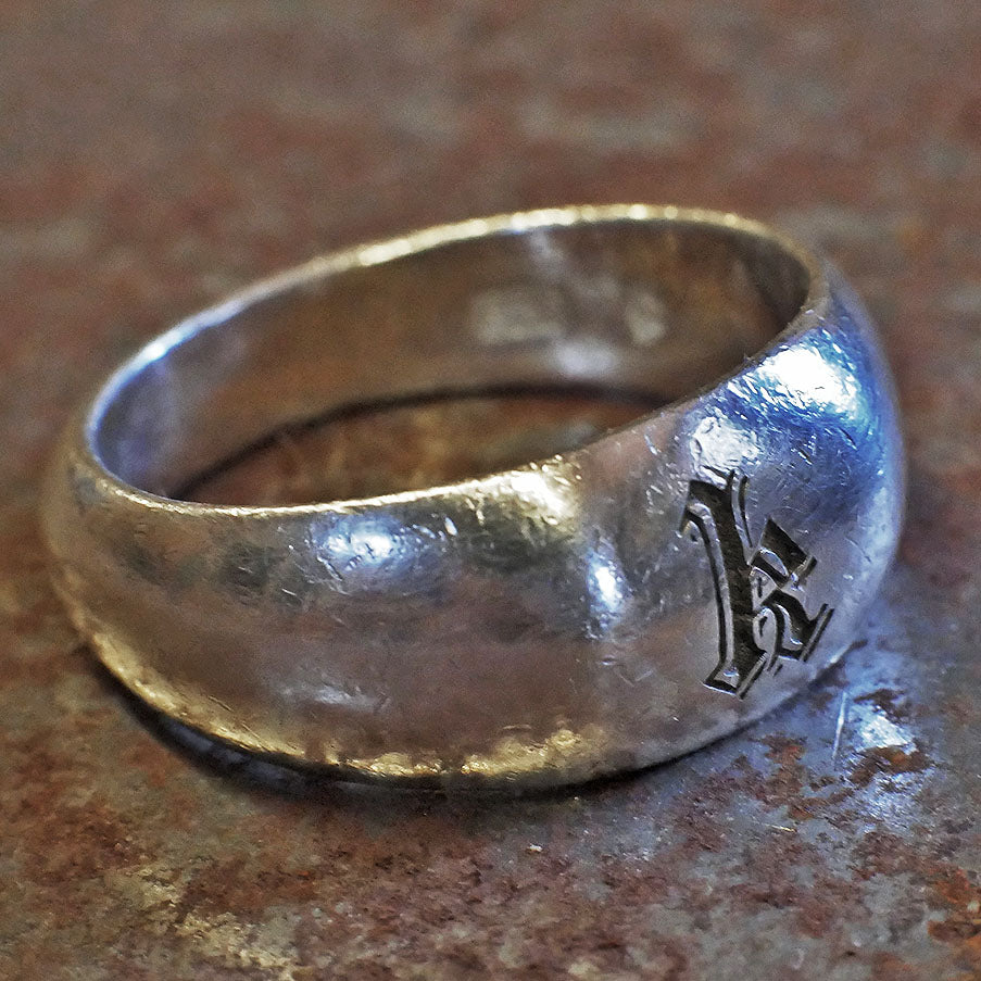 RS-191 Embossed Black font single initial engraved rustic silver ring