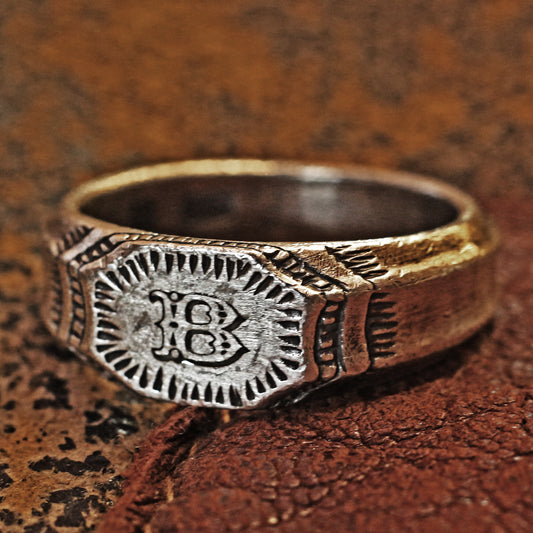 RS-192 Vintage style initial ring inspired by medieval hand craving decorated ring