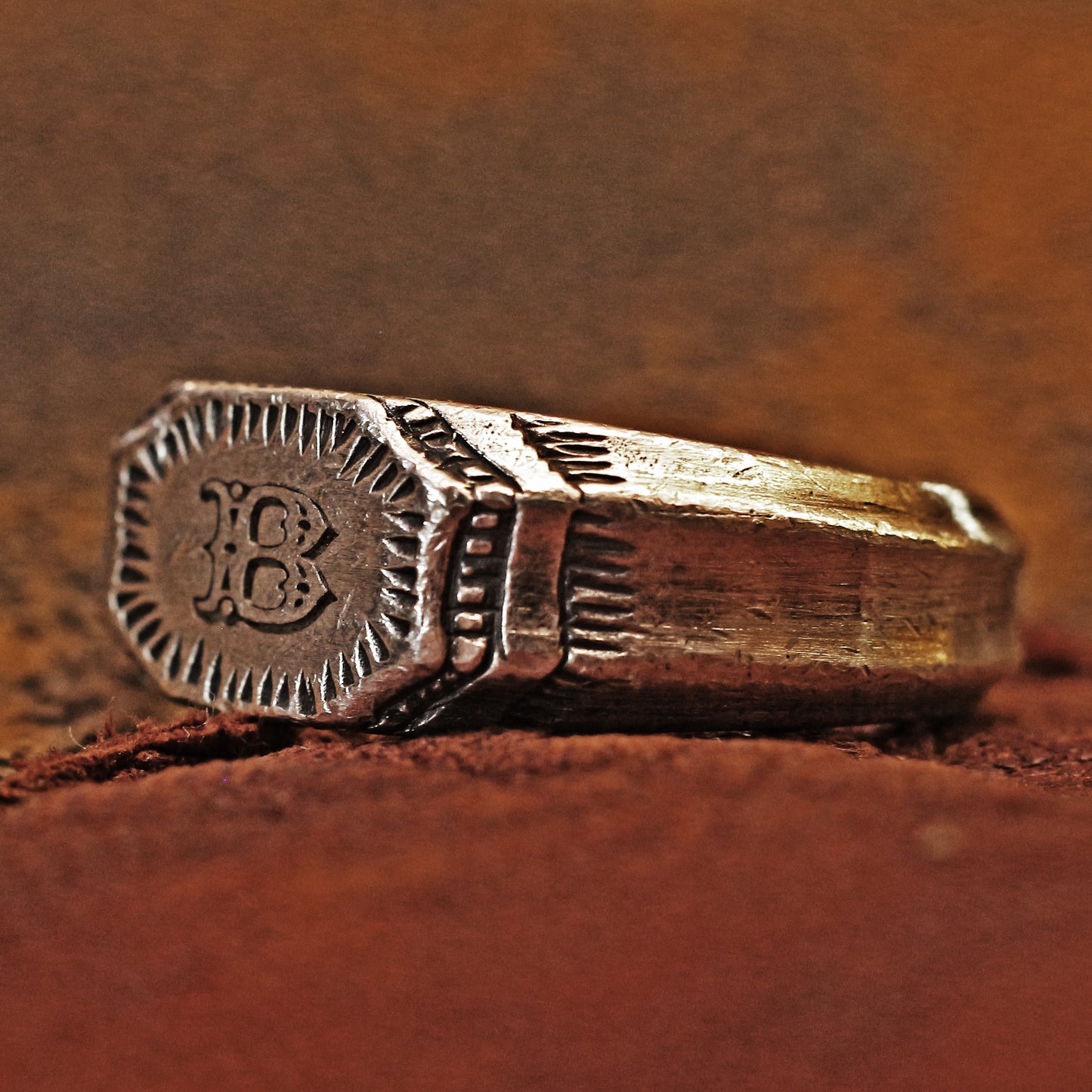 RS-192 Vintage style initial ring inspired by medieval hand craving decorated ring