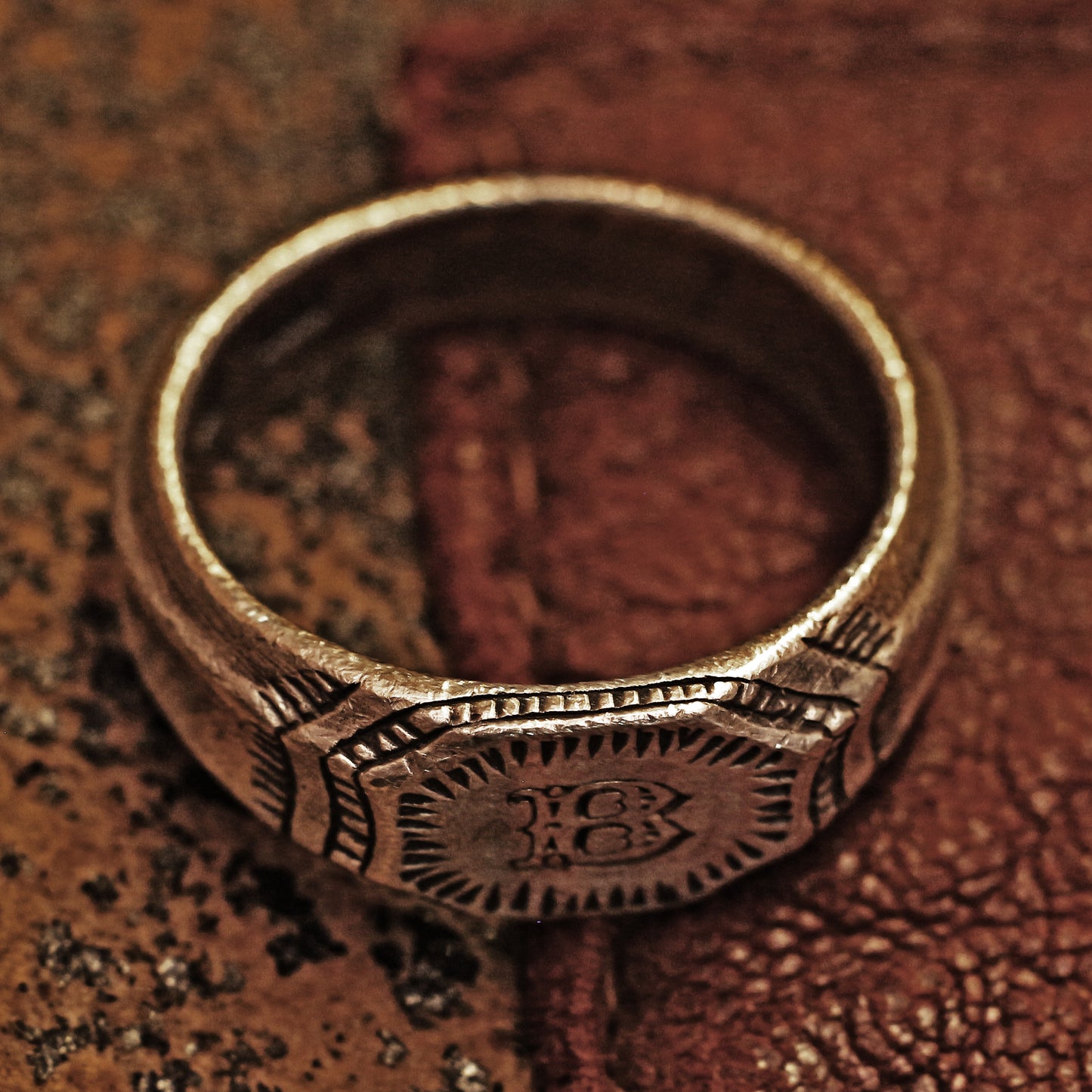 RS-192 Vintage style initial ring inspired by medieval hand craving decorated ring