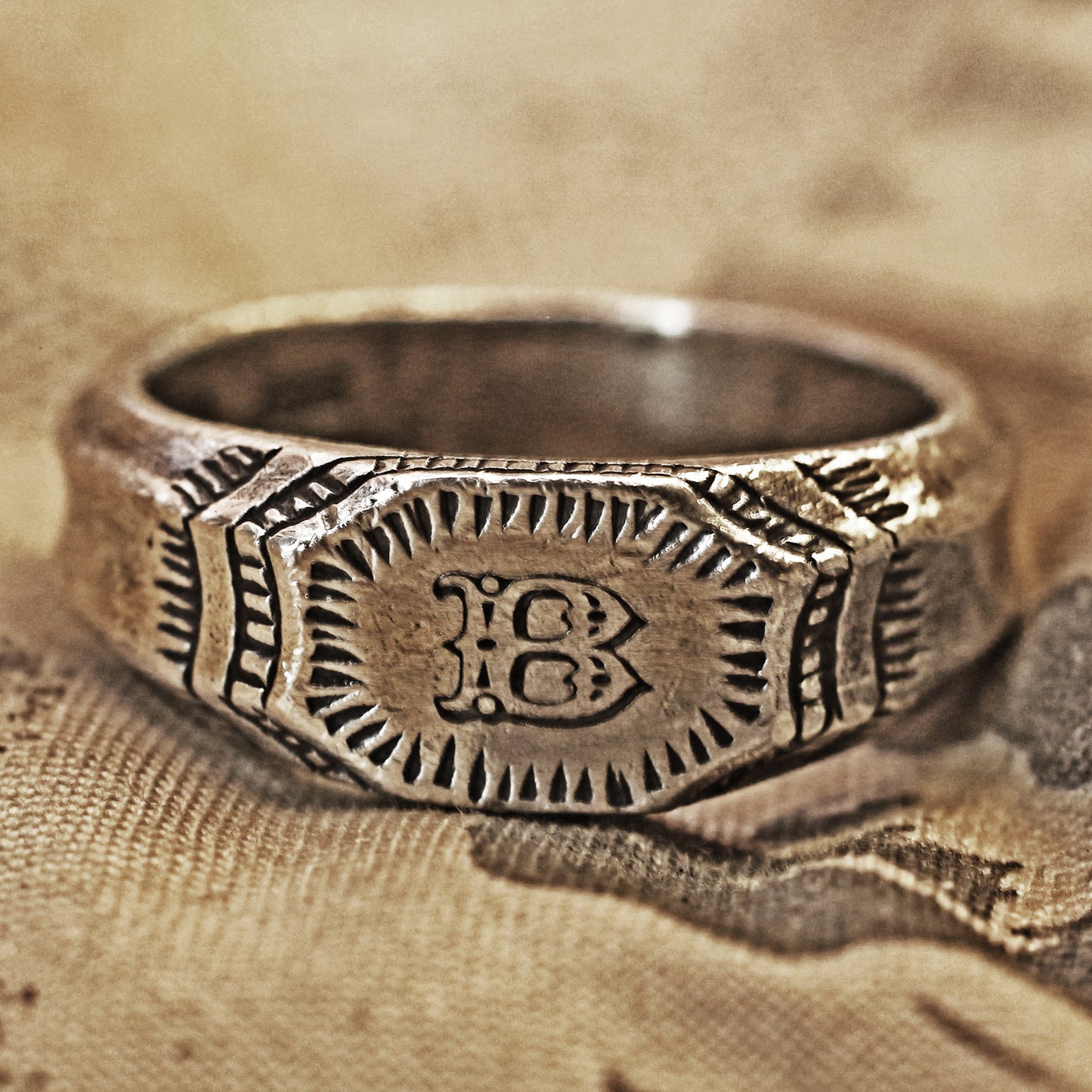 RS-192 Vintage style initial ring inspired by medieval hand craving decorated ring