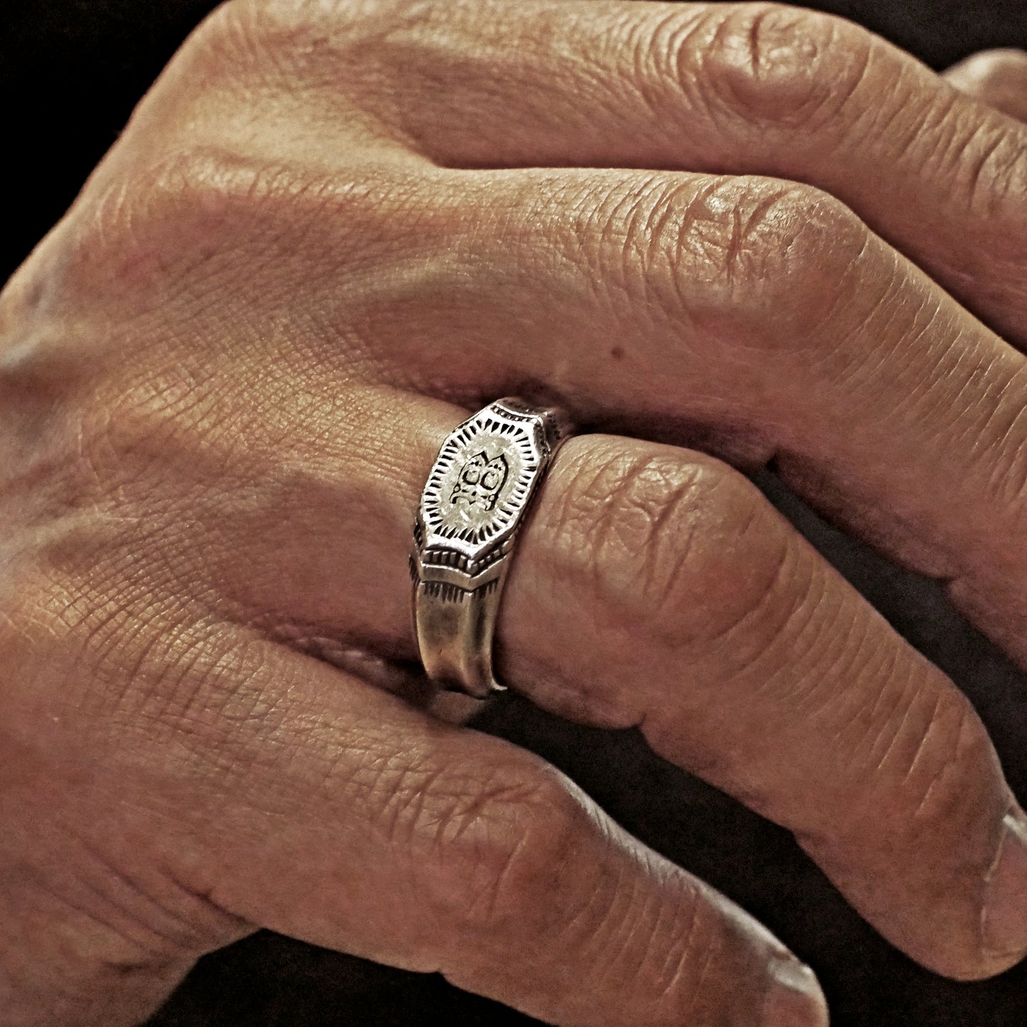 RS-192 Vintage style initial ring inspired by medieval hand craving decorated ring