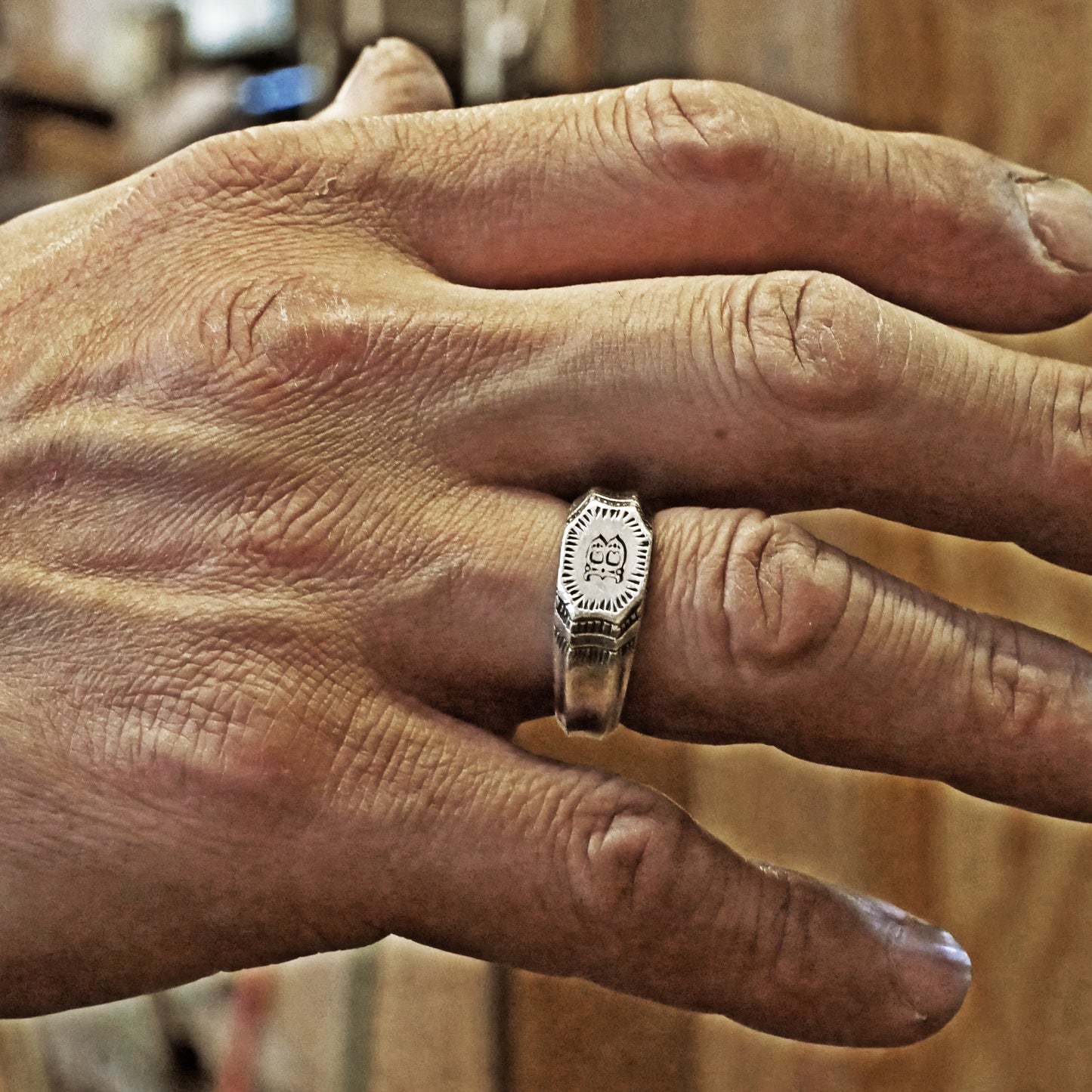 RS-192 Vintage style initial ring inspired by medieval hand craving decorated ring