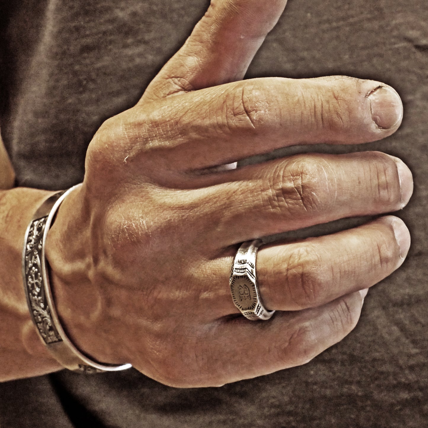 RS-192 Vintage style initial ring inspired by medieval hand craving decorated ring