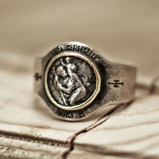 Silberring im Vintage-Stil mit St. Christopher-Münze, empfohlen als katholischer religiöser Ring