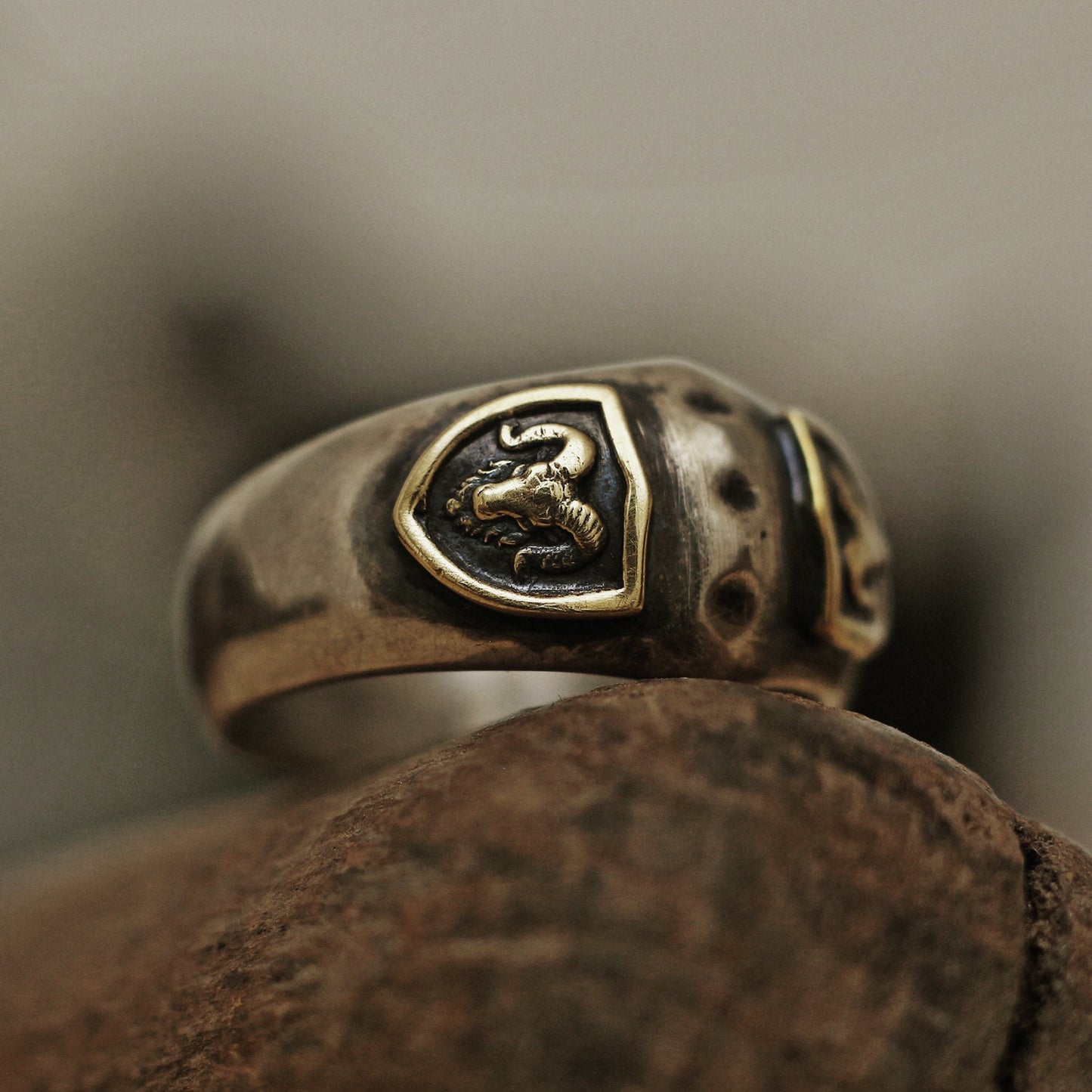 Vintage-Ring, Mittelalter-Ring, erhabener Ring, Herrenring, Wappenring, Siegelring, Messingring, Widderring, Flachrelief, rustikaler Ring