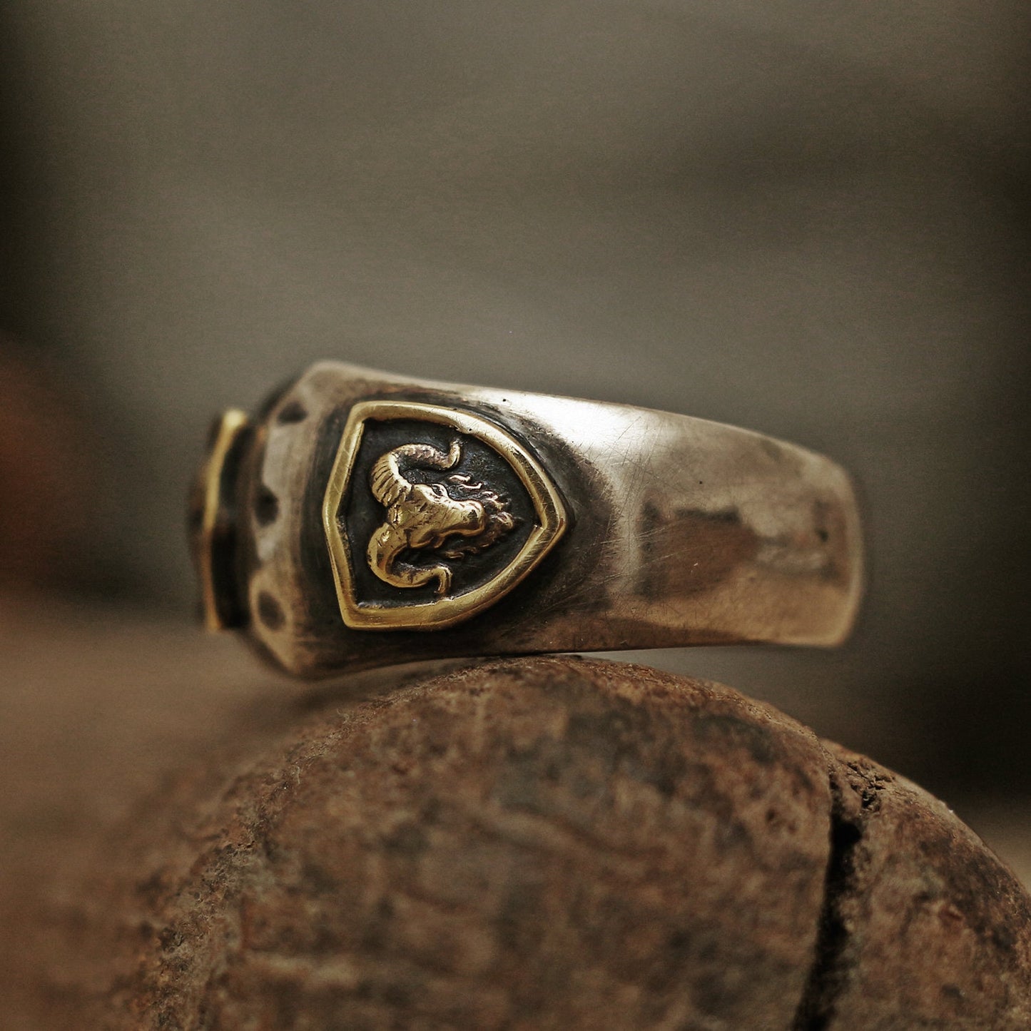 Vintage-Ring, Mittelalter-Ring, erhabener Ring, Herrenring, Wappenring, Siegelring, Messingring, Widderring, Flachrelief, rustikaler Ring