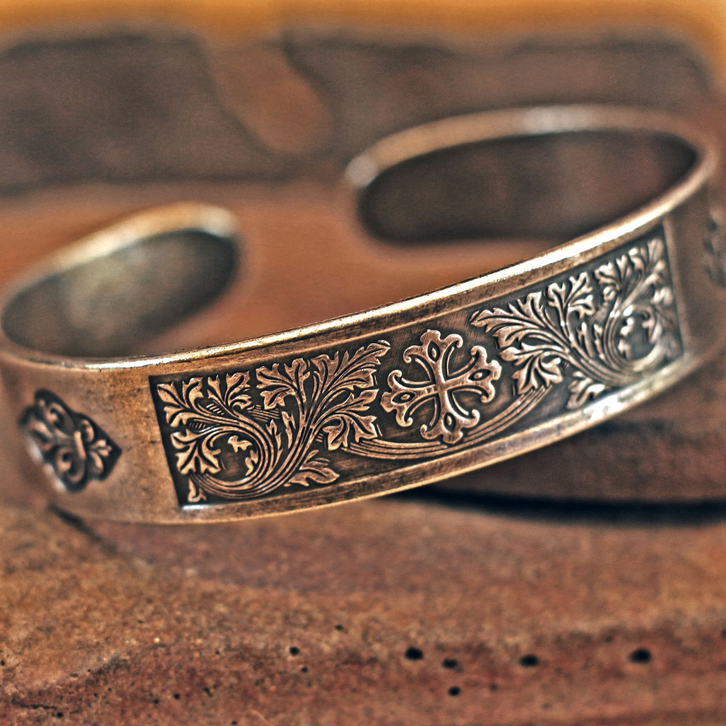 BS-035 Medieval pattern imprinted vintage style cuff, cross cuff, men cuff, menly cuff, hand stamped cuff, rustic cuff, chevalier cuff