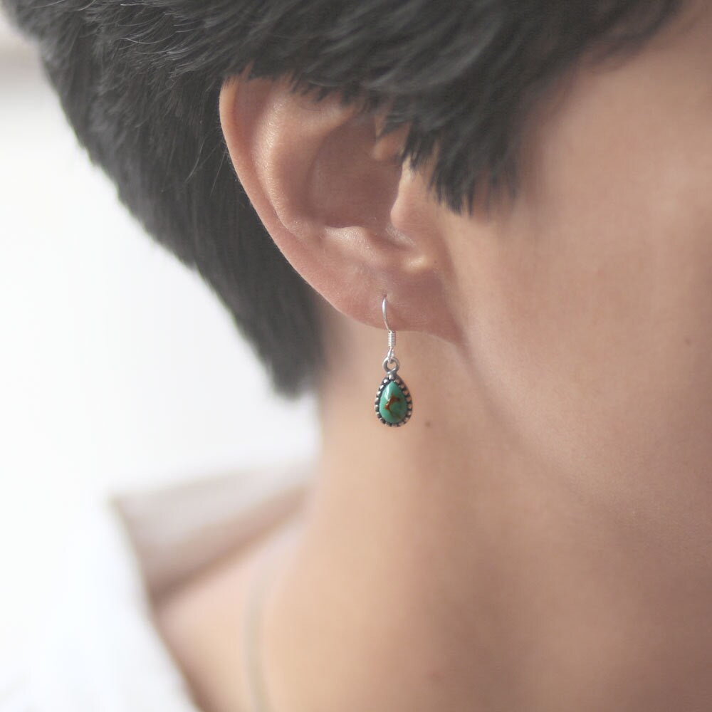 ES-107 Teardrop shaped turquoise earring, stone earring, silver earring, cute earring, native american earring